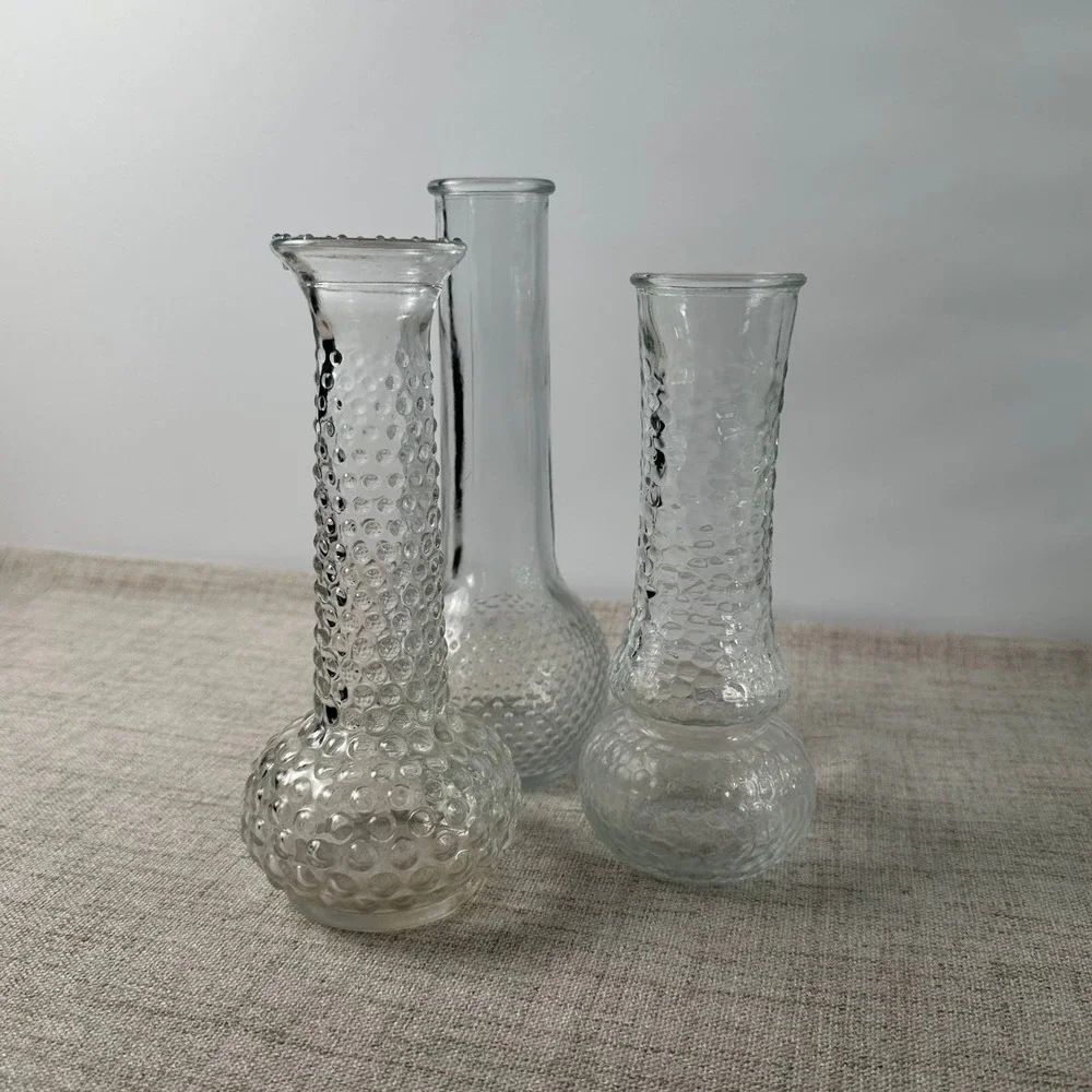 Vintage Clear Glass Bud Vases Set of 3 Hobnail Bubble Textured Pressed Glass USA